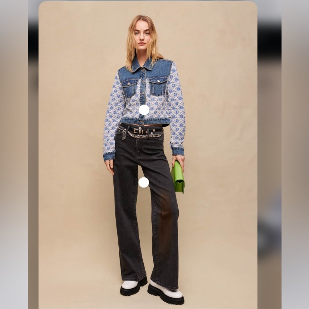 MAJE Blue Jack Cropped Denim Patterned Jean Jacket